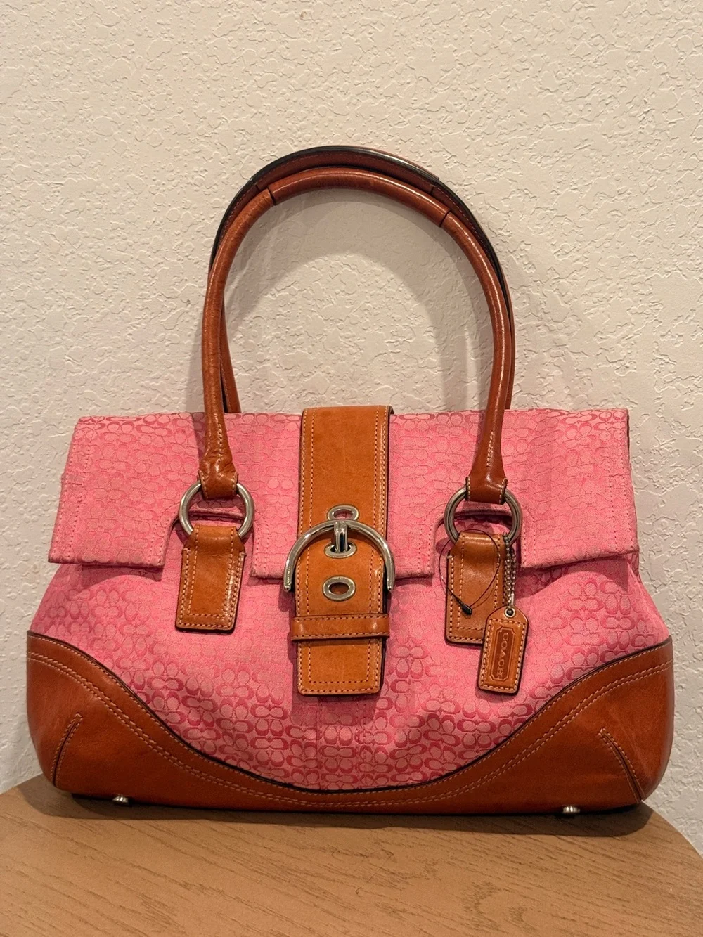 Coach Y2K Pink Canvas and Tan Leather Shoulder Satchel